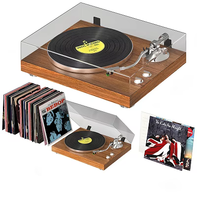 Wooden Vinyl Turntable Record Player with Hi Fi Audio System and Vinyl Records 3d model