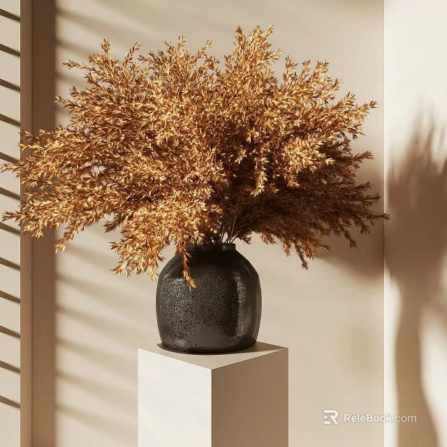 Dried Flowers Arrangement in Black Vase on White Cube Pedestal with Background Light and Shadow 3d model 