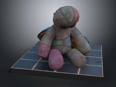 Patchwork Fabric Doll With Various Colors Sitting On Blue Tiled Platform 3d model