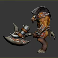 Game Movie Character Muscular Warrior In Armor With Giant Axe And Orange Brown Details