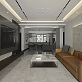 Modern Living And Dining Room Interior With Dark Furniture Marble Accent Wall And Decorative Mirror