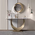 Elegant Console Table With Gold Circular Base Marble Top And Decorative Deer Figurine Vase Books