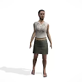 Woman in Sleeveless Top with Floral Design and Gray Skirt Standing in White Background with Sandals
