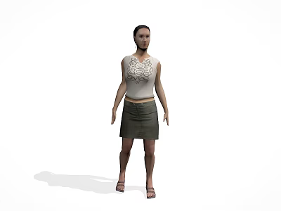 Woman in Sleeveless Top with Floral Design and Gray Skirt Standing in White Background with Sandals 3d model