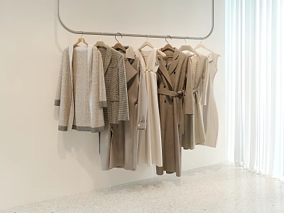 Clothes with Various Styles Hanging on Metal Rack Neutral Beige Brown White Wall Light Floor 3d model