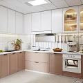 Modern Kitchen Interior With Tiled Wall White Pink Cabinets Washing Machine Sink Fruits And Plant