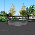 Traditional Garden Landscape With Wooden Roof Structure Stone Pavement Green Lawn And Benches