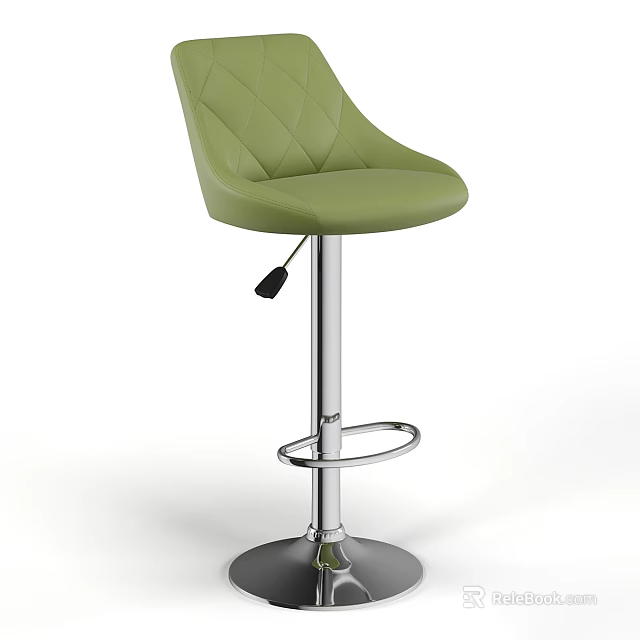 Green Leather Bar Stool With Quilted Seat Adjustable Metal Stem And Round Base 3d model 