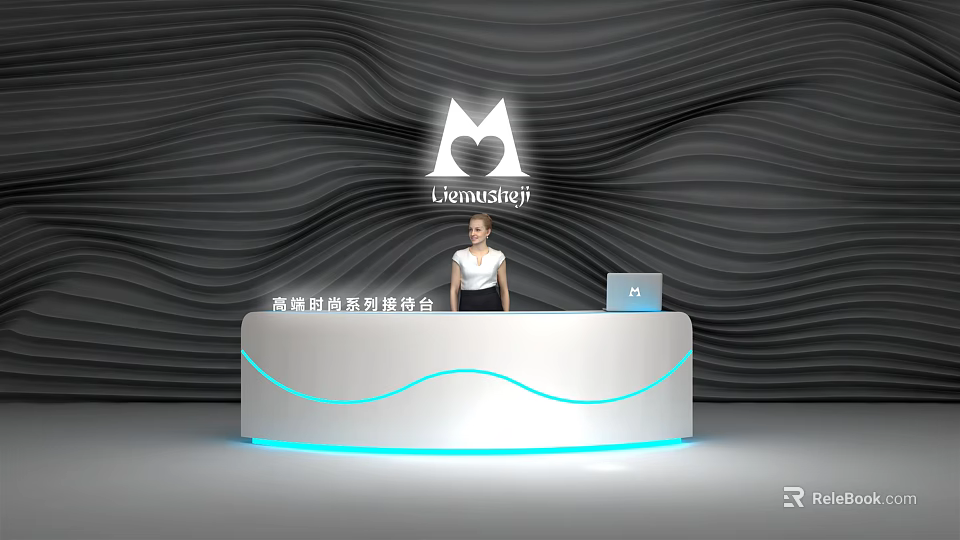 Modern White Reception Desk With Blue LED Lights And Wavy Textured Wall 3d model 