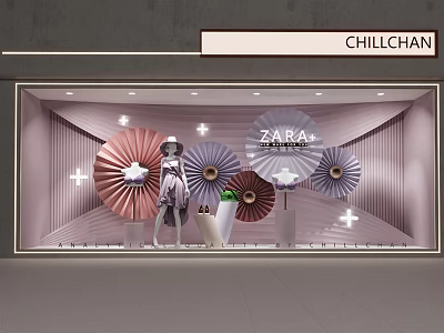 ZARA Modern Store Window Display With Mannequin Colorful Fan Decorations And Plants 3d model