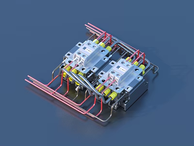 Detailed View of Dual Electrical Components with Metal Casing Yellow Elements and Colored Wires 3d model