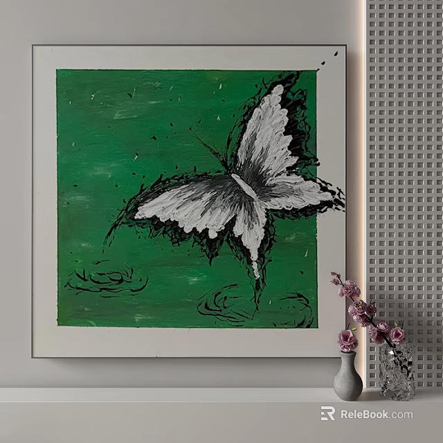 Green Background Wall Art Painting With White Butterfly Vase And Pink Flowers 3d model 