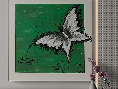 Green Background Wall Art Painting With White Butterfly Vase And Pink Flowers 3d model