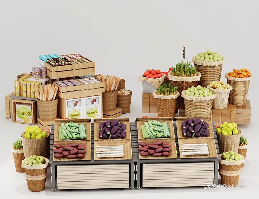 Display Shelves With Fresh Fruits Vegetables In Woven Baskets And Wooden Crates 3d model 