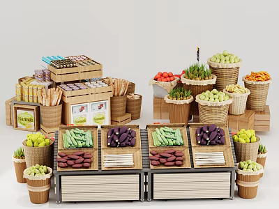 Display Shelves With Fresh Fruits Vegetables In Woven Baskets And Wooden Crates 3d model