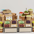 Display Shelves With Fresh Fruits Vegetables In Woven Baskets And Wooden Crates