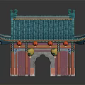 Cartoon Style Chinese Traditional Pavilion Scene With Green Roof Red Pillars And Decorative Eaves
