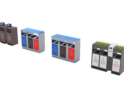 Roadside Facilities With Classified Trash Bins In Various Colors And Green Tops 3d model