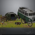 Vintage Camper Van Camping Setup With Tent Bicycle Wooden Table And Flower Pots