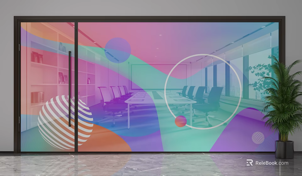 Modern Colorful Glass Partition With Abstract Patterns In Office Meeting Room Interior 3d model 