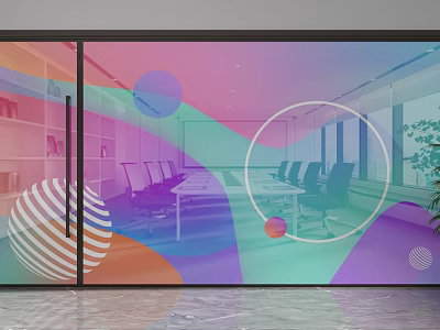 Modern Colorful Glass Partition With Abstract Patterns In Office Meeting Room Interior 3d model