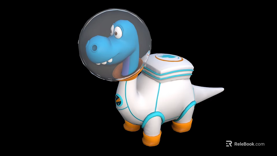 Cute Blue Dinosaur Game Anime Character In Astronaut Helmet White Space Suit With Orange Boots 3d model 