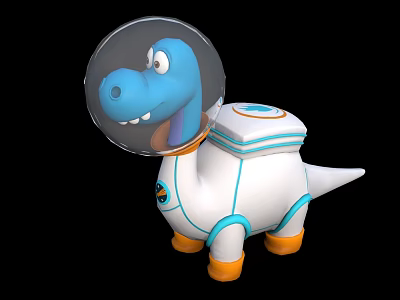 Cute Blue Dinosaur Game Anime Character In Astronaut Helmet White Space Suit With Orange Boots 3d model
