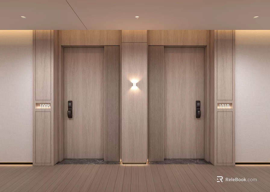 Hotel Corridor With Modern Wooden Elevator Doors And Elegant Wall Lighting 3d model 