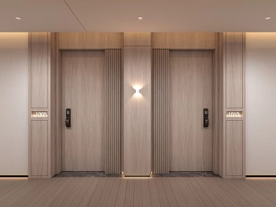 Hotel Corridor With Modern Wooden Elevator Doors And Elegant Wall Lighting 3d model