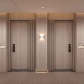 Hotel Corridor With Modern Wooden Elevator Doors And Elegant Wall Lighting 3d model