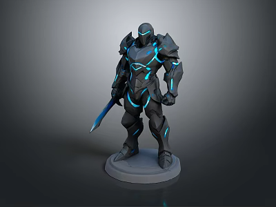Black Armored Warrior Model With Blue Glowing Lines Holding Sword On Pedestal Base 3d model
