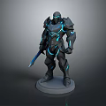 Black Armored Warrior Model With Blue Glowing Lines Holding Sword On Pedestal Base