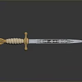 Classic Decorative Sword Featuring Golden Hilt White Striped Handle and Carved Patterns on Silver Blade