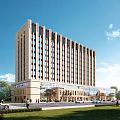 Modern High-rise Office Building Exterior With Glass Curtain Wall Landscaping And Parking