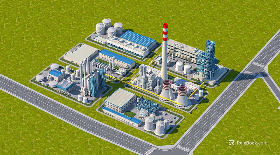 Industrial Factory Plant Layout With Chimney Storage Tanks And Pipeline Structures 3d model 