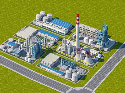 Industrial Factory Plant Layout With Chimney Storage Tanks And Pipeline Structures 3d model