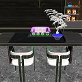 Wooden Tea Table and Comfortable Chairs with Tea Set and Green Plant in Modern Interior