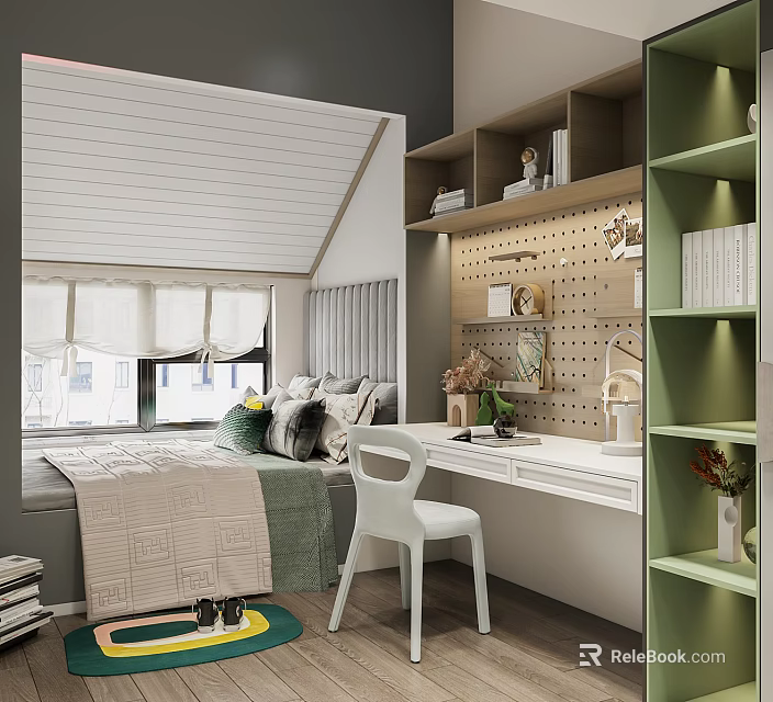 Tatami Bedroom Interior With Built in Shelves Desk Chair Window Blinds And Decorative Items 3d model 
