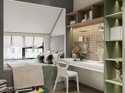 Tatami Bedroom Interior With Built in Shelves Desk Chair Window Blinds And Decorative Items 3d model
