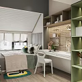 Tatami Bedroom Interior With Built in Shelves Desk Chair Window Blinds And Decorative Items