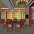 Wine and Spirits Store Interior with Wooden Shelves Display Cabinets Chandelier Lighting and Seating Area