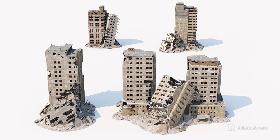 Damaged Structural Components In Collapsed High Rise Buildings With Cracks And Breaks 3d model 