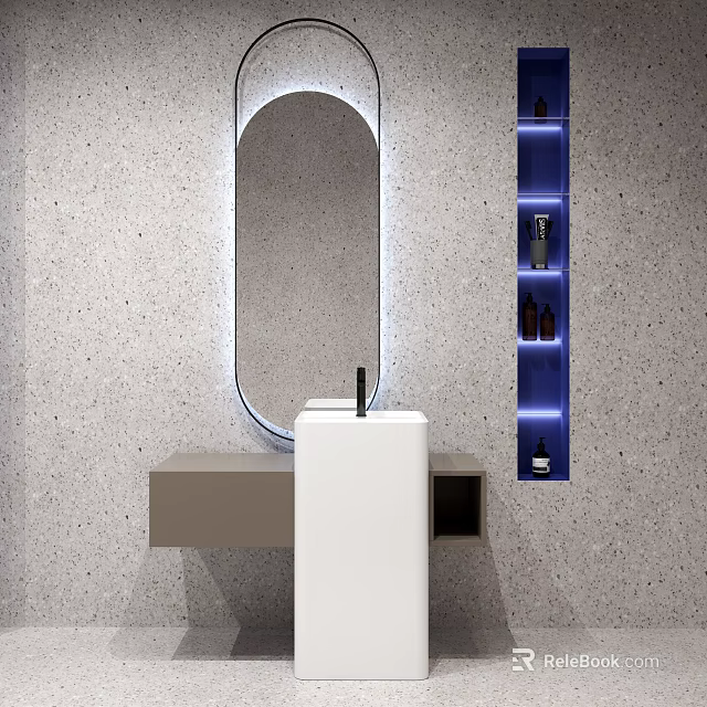 Modern Bathroom Washbasin With Oval Mirror LED Lighting Gray Textured Wall And Blue Lit Shelf 3d model 