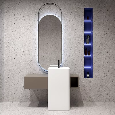 Modern Bathroom Washbasin With Oval Mirror LED Lighting Gray Textured Wall And Blue Lit Shelf 3d model