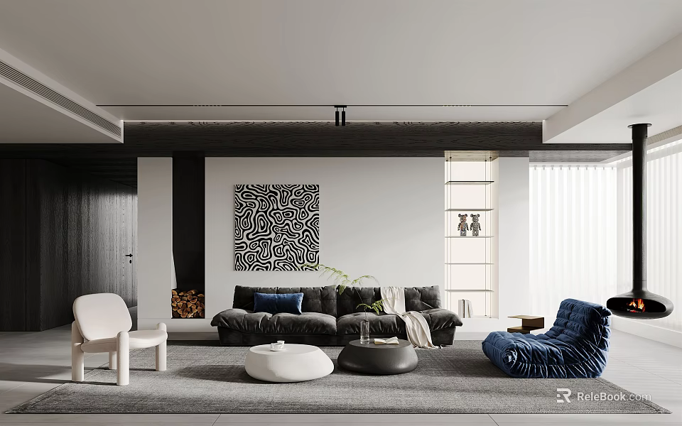 Modern Living Room Interior With Black Sofa White Chair Blue Lounge And Decorative Painting 3d model 