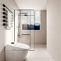 Modern Bathroom Interior with Glass Shower White Toilet Towel Rack Window Blinds and Mountain View