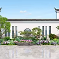 Chinese Style Scenic Wall with Black Tile Roof Circular Window Greenery Flowers Rockery and Reflection