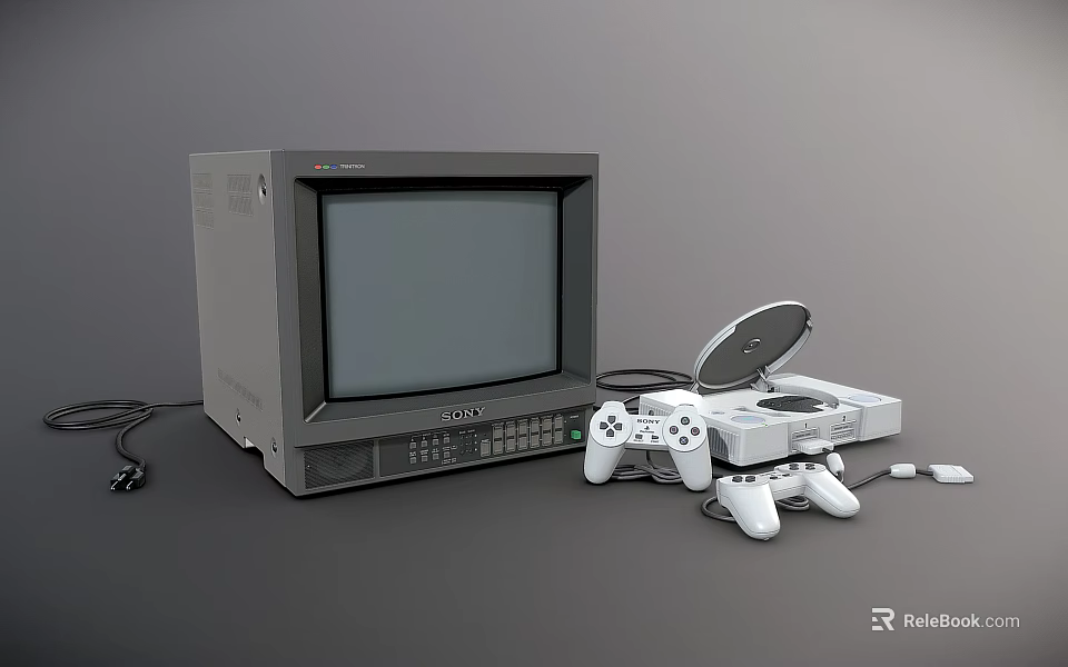 Vintage Entertainment Electronics Setup With CRT Monitor Retro Gaming Console And White Controllers 3d model 