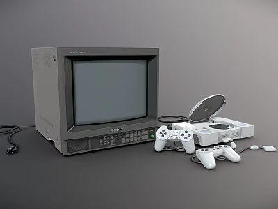 Vintage Entertainment Electronics Setup With CRT Monitor Retro Gaming Console And White Controllers 3d model