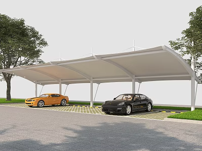Covered Parking Lot With White Membrane Structure Canopy Yellow Black Cars Trees And Grass 3d model